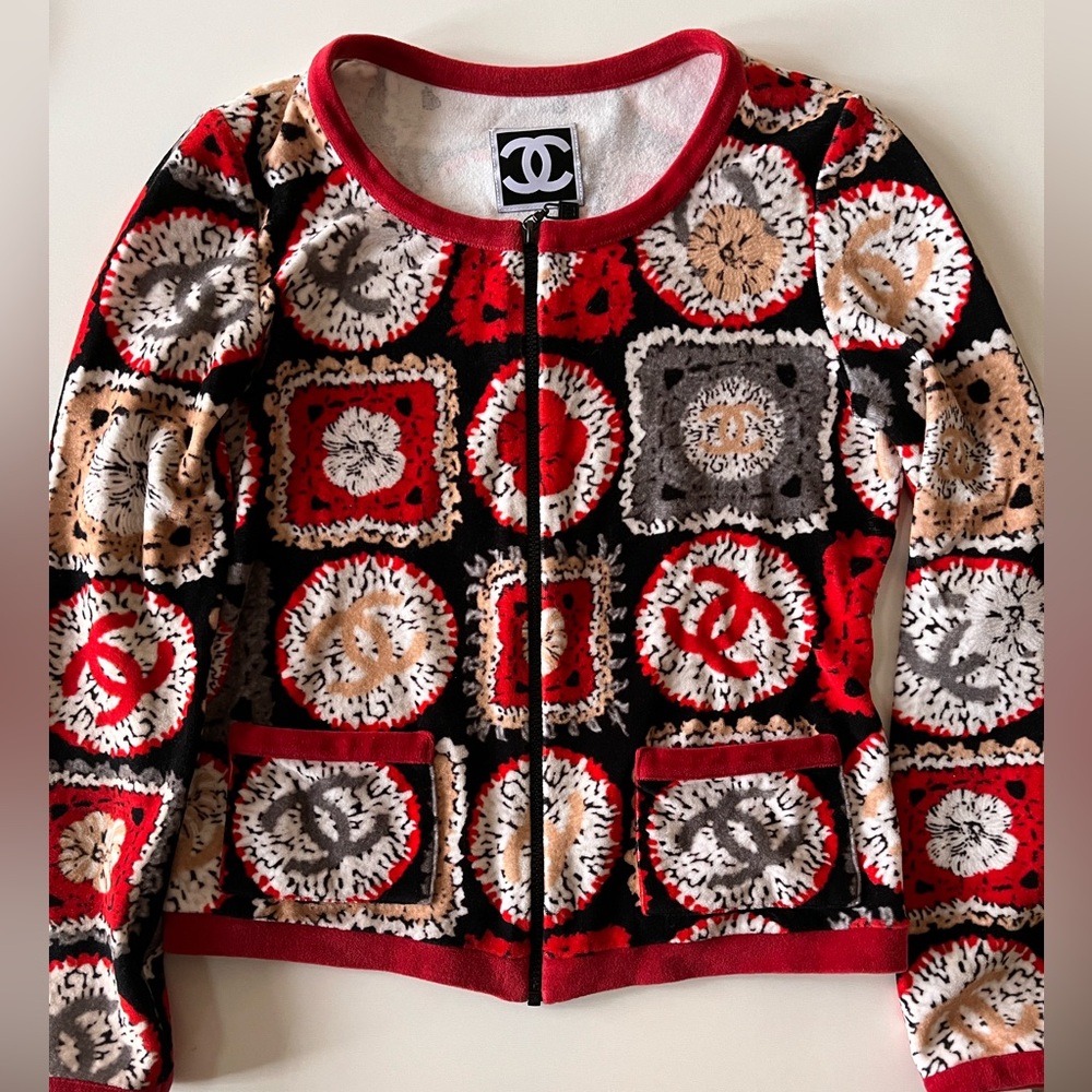 CHANEL 2009 Lagerfeld velvet patchwork print cardigan black red white. Sz 38 - Picture 5 of 15
